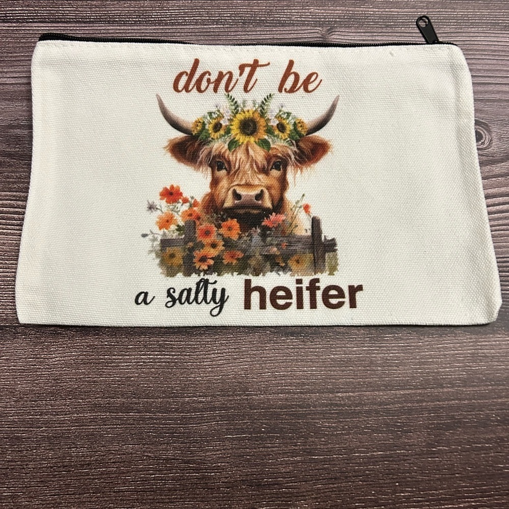 Highland Cow Floral Accent Makeup Pouch